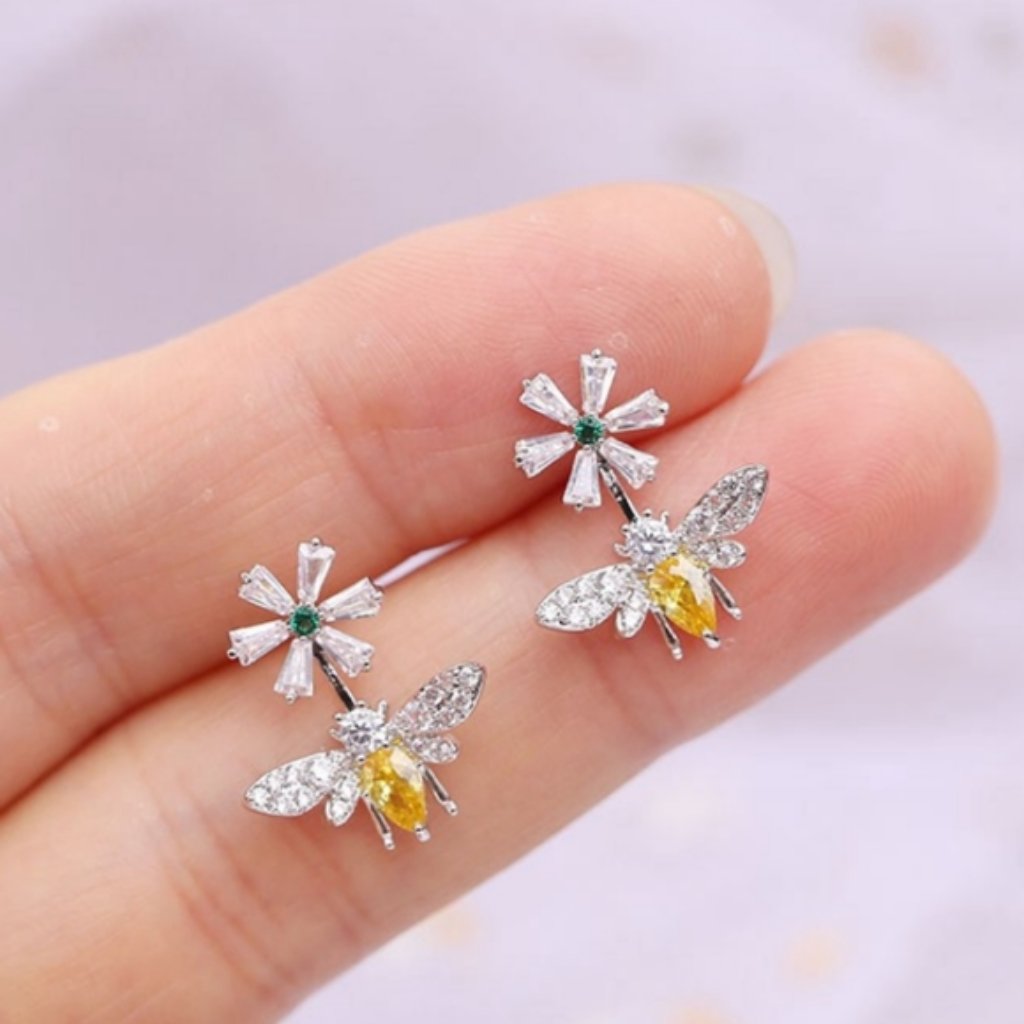 New Silver Diamond Bee Flower Earrings 44$